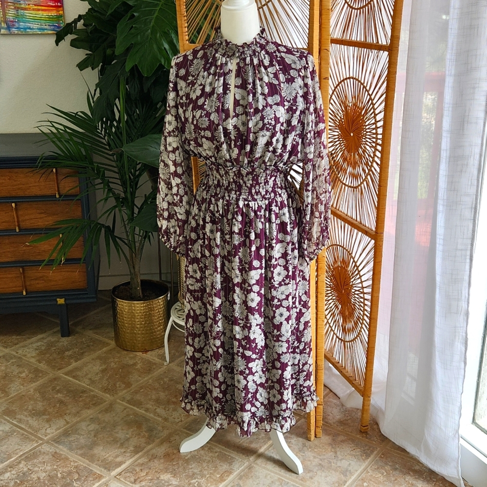 Shoshanna sheer-sleeved, midi dress, gold metallic threads, size 12.